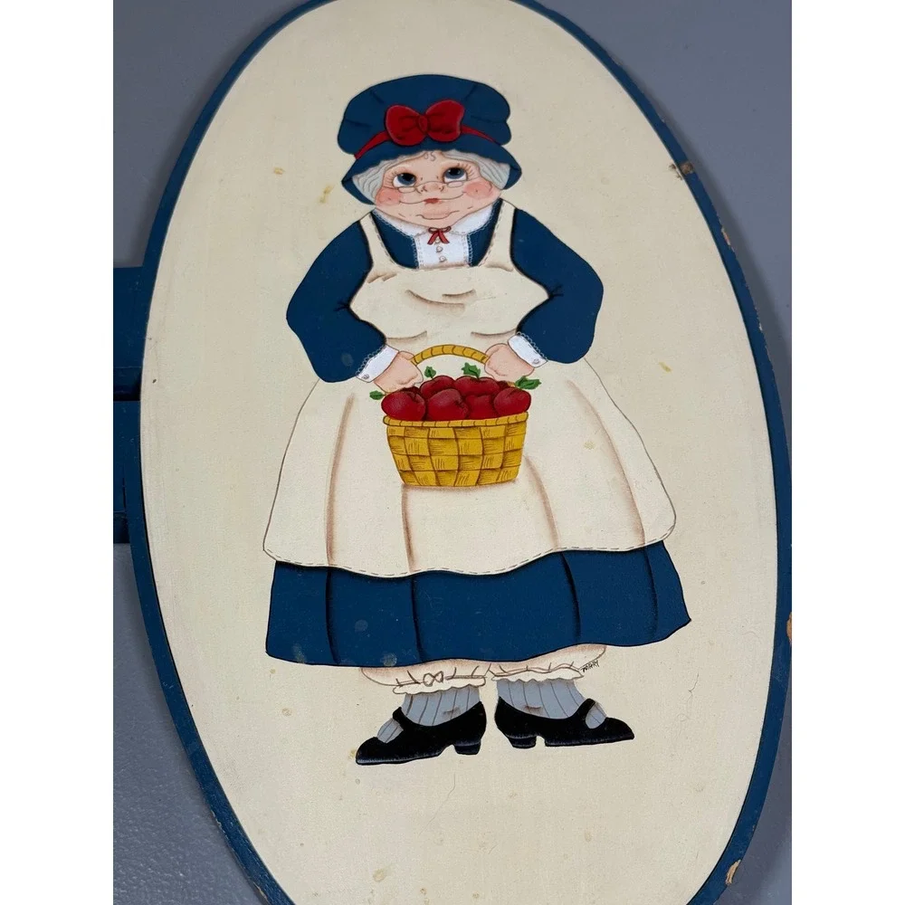 Vintage Hand Painted Folk Art Wooden Plaque Grandmother with Apple Basket 16in